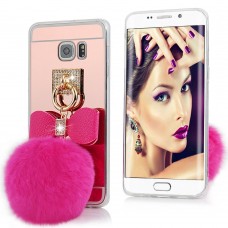 Samsung Galaxy S6 Edge Plus - Bling Bling Soft Fluff Ball Pink Mirror Ring Grip Mount Stand Holder Protective TPU Soft Phone Cover Case